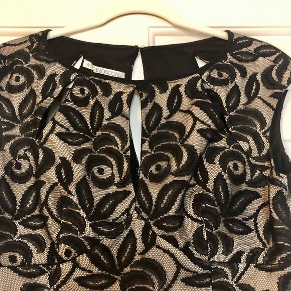 Maggie London Form Fitting Knee Length Black Lace Over Nude Lining Size 10 - Picture 3 of 11